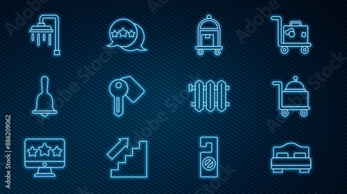 Set line Hotel room bed, Covered with tray, Suitcase, door lock key, service bell, Shower, Heating radiator and Five stars rating review icon. Vector