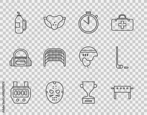 Set line Stopwatch, Hockey table, mask, Fitness shaker, Ice hockey goal, Award cup and stick and puck icon. Vector