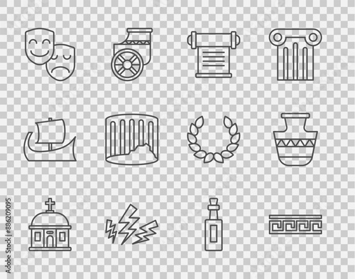 Set line Santorini building, Ancient Greek pattern, Decree, parchment, scroll, Zeus, Comedy and tragedy masks, column, Bottle of olive oil and amphorae icon. Vector