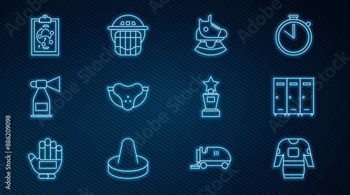 Set line Hockey jersey, Locker or changing room, Skates, Protective sport jockstrap, Air horn, Planning strategy, Award cup and helmet icon. Vector