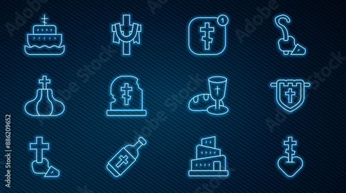 Set line Religious cross in heart, Flag with christian, Online church pastor preaching, Grave tombstone, Church tower, Ark of noah, Goblet and bread and Christian icon. Vector