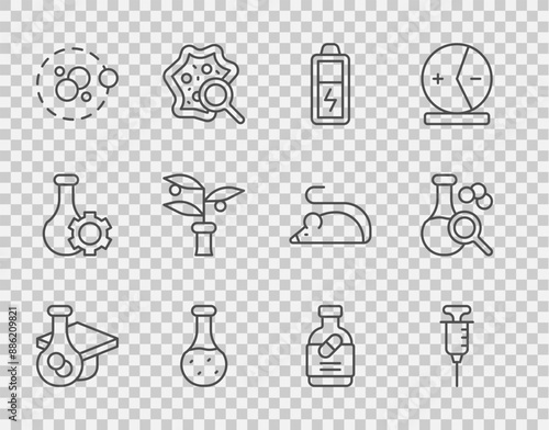 Set line Graduation cap, Syringe, Battery, Test tube, Atom, Plant breeding, Medicine bottle and pills and icon. Vector