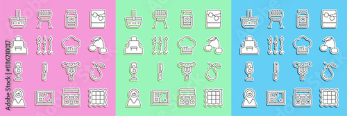 Set line Checkered napkin, Pear, Cherry, Jam jar, Grilled shish kebab on skewer, Kitchen apron, Picnic basket and Chef hat icon. Vector