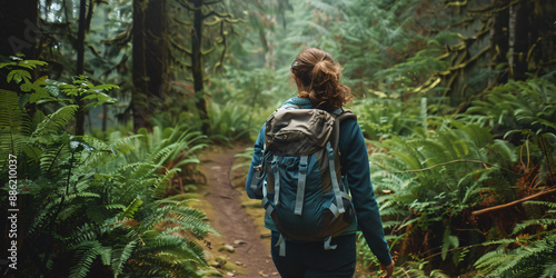 Wallpaper Mural caucasian hiker with a backpack walks through a lush green forest, d. Torontodigital.ca