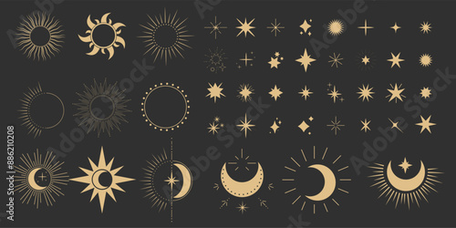 Set gold moon, sun and stars shine sparkle icon glare,light,blink star minimal shape, burst and rays golden decoration. Twinkle magic comic shine isolated on dark background.
