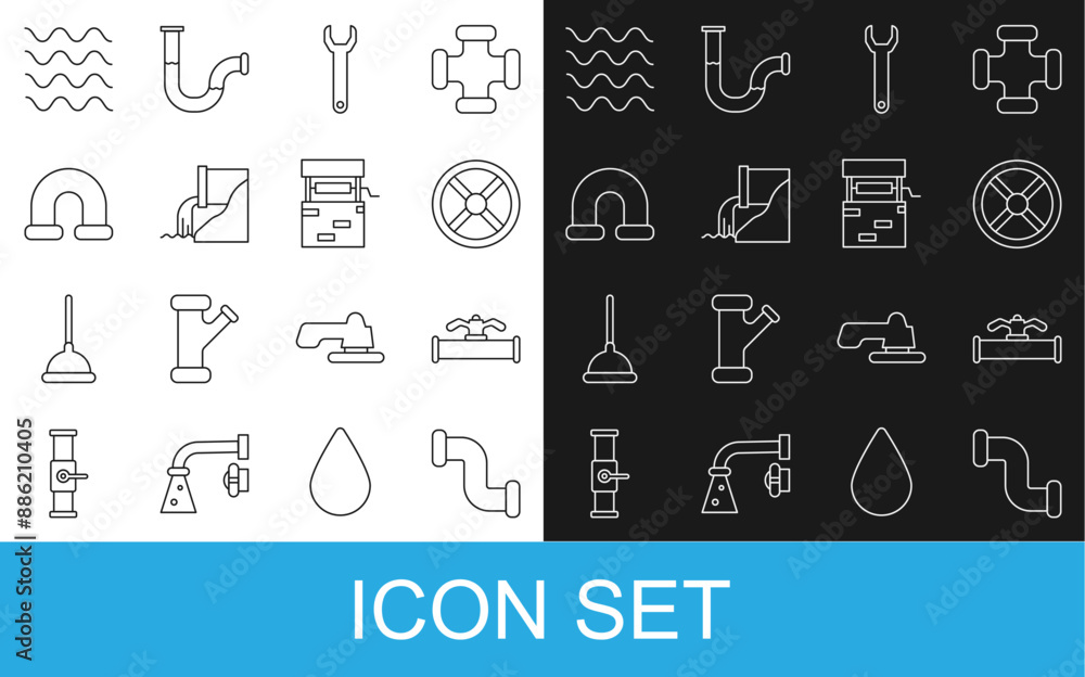 Set line Industry metallic pipe, and valve, Wrench spanner, Wastewater, Wave and Well icon. Vector Set line Industry metallic pipe, and valve, Wrench spanner, Wastewater, Wave and Well icon. Vector