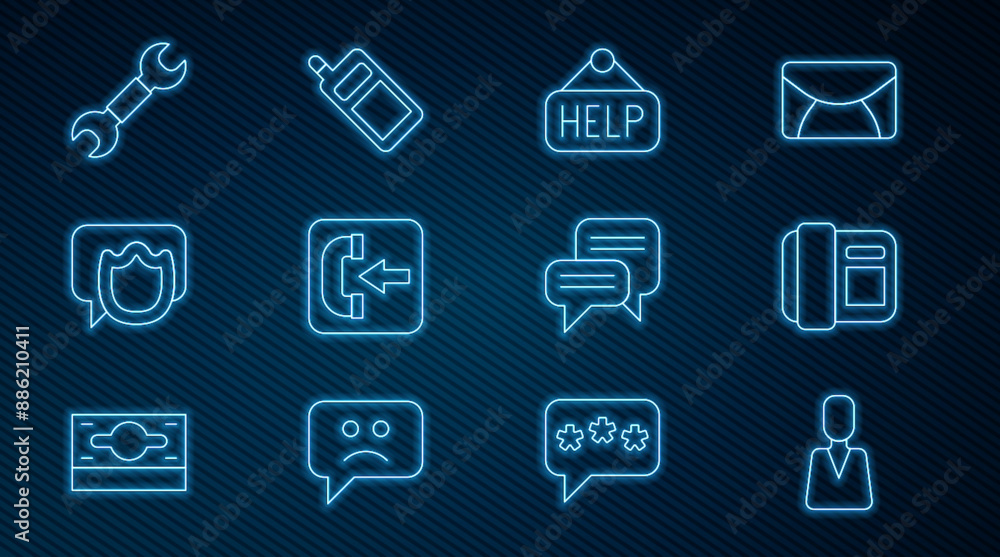 Set line Employee, Telephone handset, Signboard with text Help, Incoming call, Speech bubble chat, Wrench spanner, and Mobile icon. Vector Set line Employee, Telephone handset, Signboard with text Help, Incoming call, Speech bubble chat, Wrench spanner, and Mobile icon. Vector