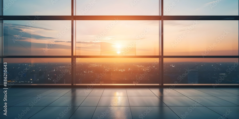 Fototapeta premium Sunset aerial view of a smart city with futuristic communication lines. Concept Futuristic Architecture, Urban Development, Technology Integration, Aerial Photography, Smart City