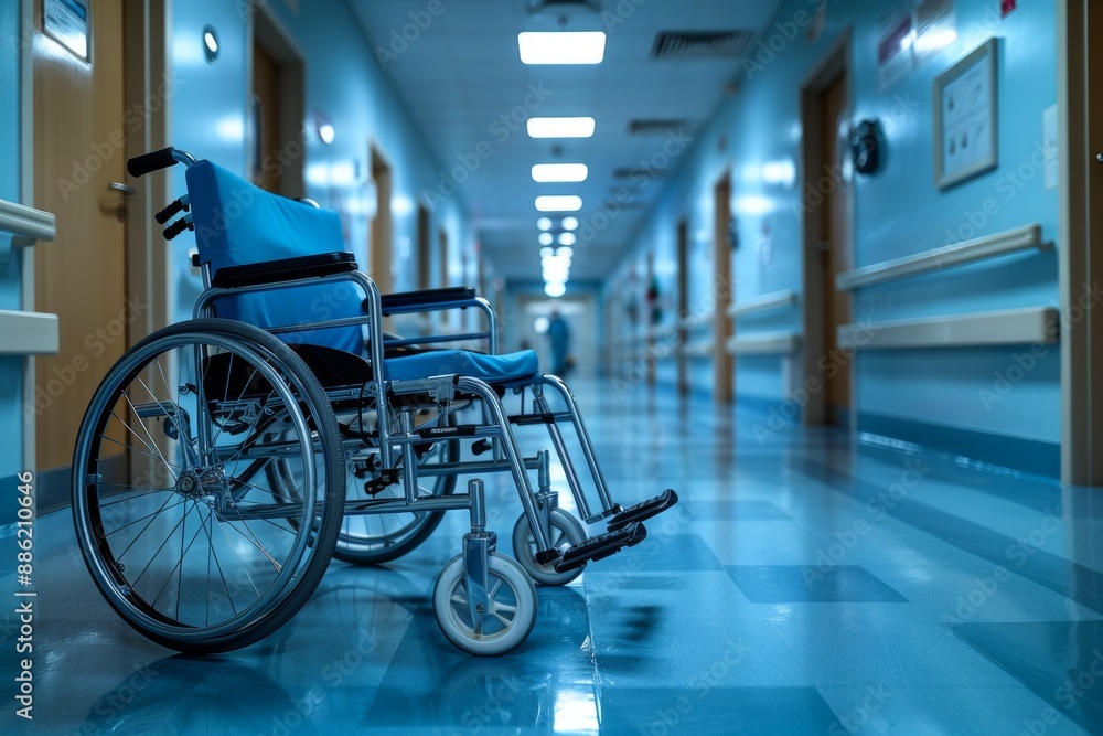 Nurse with wheelchair in hospital lobby, offering ample copy space for versatile use