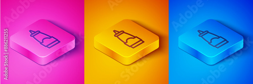 Isometric line Sauce bottle icon isolated on pink and orange, blue background. Ketchup, mustard and mayonnaise bottles with sauce for fast food. Square button. Vector