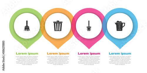 Set Feather broom, Trash can, Toilet brush and Washing powder. Business infographic template. Vector