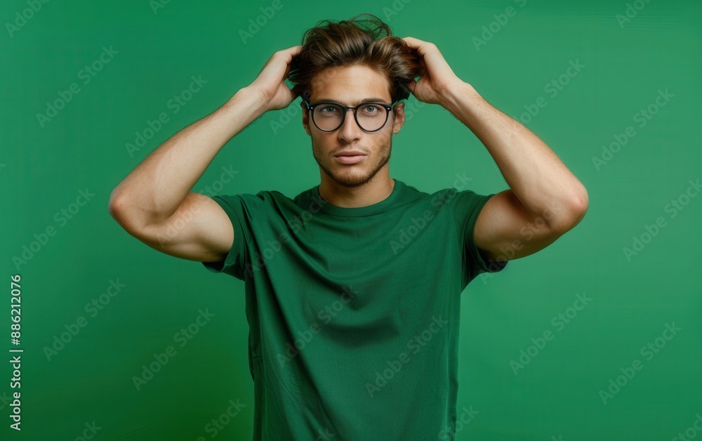 A handsome brunette man with a serious expression stands in front of a gray background, wearing a blue button-down shirt with his arms crossed A handsome brunette man with a serious expression stands in front of a gray background, wearing a blue button-down shirt with his arms crossed