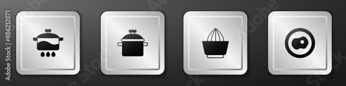 Set Cooking pot, , Citrus fruit juicer and Scrambled eggs icon. Silver square button. Vector