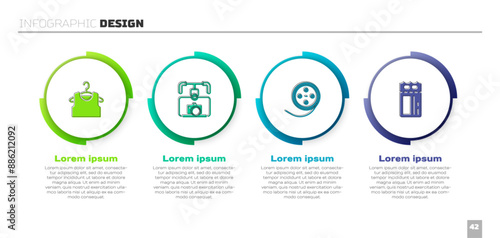 Set Sleeveless T-shirt, Gimbal stabilizer with camera, Film reel and Cinema ticket. Business infographic template. Vector