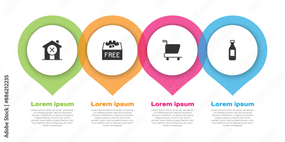 Set No house, Donation food, Shopping cart and Bottle of water. Business infographic template. Vector Set No house, Donation food, Shopping cart and Bottle of water. Business infographic template. Vector