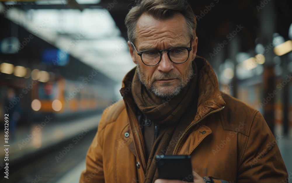 A middle-aged man in a brown coat and hat stands on a city street while looking at a smartphone A middle-aged man in a brown coat and hat stands on a city street while looking at a smartphone