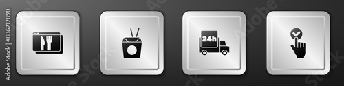 Set Online ordering and delivery, Asian noodles chopsticks, Fast by car and icon. Silver square button. Vector
