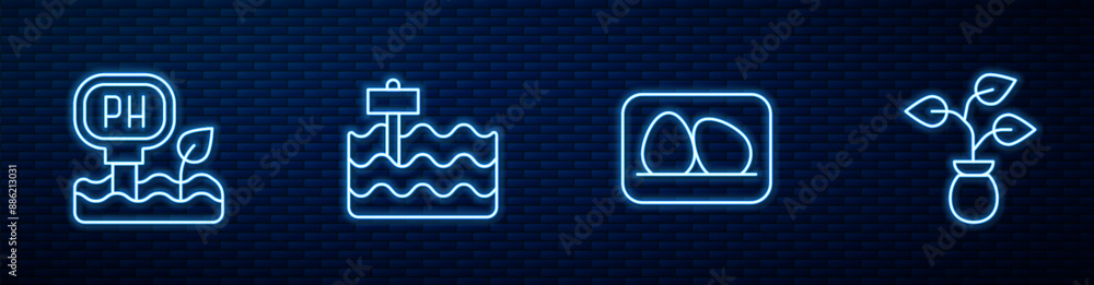 Set line Chicken egg, Soil ph testing, Garden bed and Plant. Glowing neon icon on brick wall. Vector Set line Chicken egg, Soil ph testing, Garden bed and Plant. Glowing neon icon on brick wall. Vector
