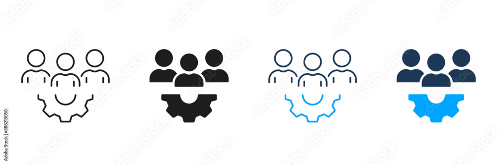 Team Work, People with Gear Line and Silhouette Icon Set. Manager Sign with Cog Wheel. Workforce Pictogram. Teamwork, Leader, Project Management Symbol. Editable Stroke. Isolated Vector Illustration Team Work, People with Gear Line and Silhouette Icon Set. Manager Sign with Cog Wheel. Workforce Pictogram. Teamwork, Leader, Project Management Symbol. Editable Stroke. Isolated Vector Illustration