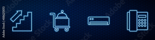 Set line Air conditioner, Stairs up, Covered with tray and Telephone handset. Glowing neon icon on brick wall. Vector