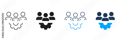 Team Work, People with Gear Line and Silhouette Icon Set. Manager Sign with Cog Wheel. Workforce Pictogram. Teamwork, Leader, Project Management Symbol. Editable Stroke. Isolated Vector Illustration