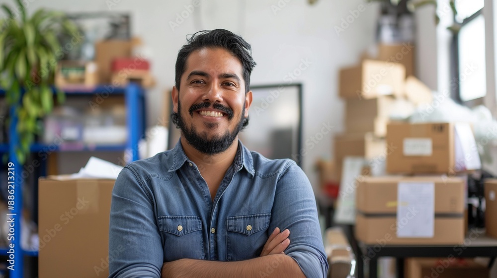 Confident Male Entrepreneur in Casual Clothes at Work Desk with Computer and Shipping Packages, Showcasing Passion in Online Business and Startup Success Confident Male Entrepreneur in Casual Clothes at Work Desk with Computer and Shipping Packages, Showcasing Passion in Online Business and Startup Success