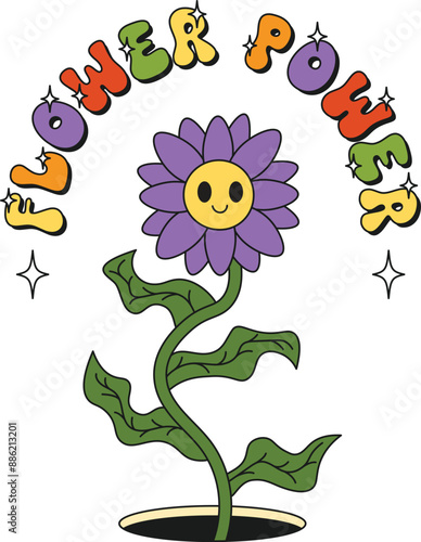 Floral botanical quote in retro groovy trendy hippie psychedelic style for t-shirts, mugs, cards, wall art. Funny red flower lettering composition with stem and leaves. Flower power. 