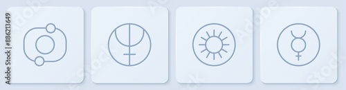 Set line Solar system, Sun, Neptune planet and Symbol Mercury. White square button. Vector