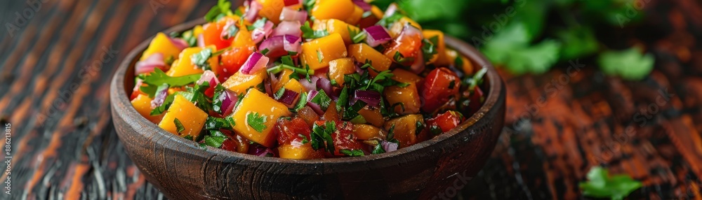 Colorful fresh mango salsa with red onions, tomatoes, and cilantro in a wooden bowl on a rustic wooden table. Perfect for summer recipes. Colorful fresh mango salsa with red onions, tomatoes, and cilantro in a wooden bowl on a rustic wooden table. Perfect for summer recipes.