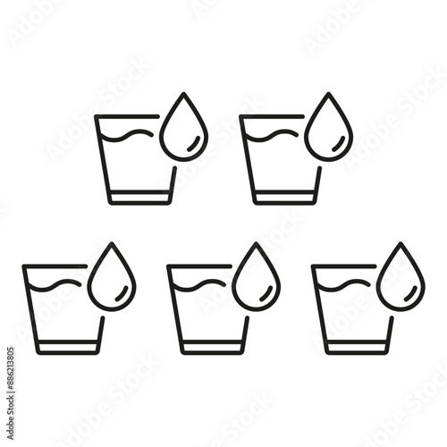 Hydration And Drinking Water Regularly Line Icon, Five Glasses Of Water With Droplets. Isolated Vector Illustration