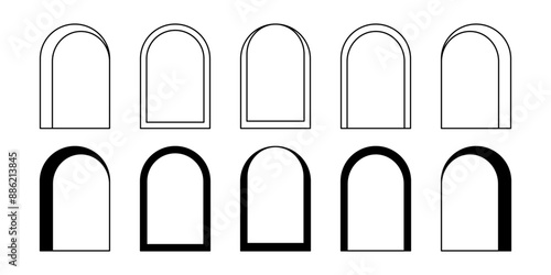 Set of different arch frames. Geometric arc shapes in trendy bohemian style. Window, door, portal or gate silhouettes in archway form isolated on white background. Vector graphic illustration.