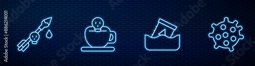 Set line Radioactive waste in barrel, Poison on the arrow, Coffee cup with skull and Bacteria. Glowing neon icon on brick wall. Vector