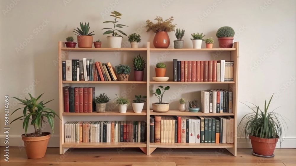 A bookshelf with many books and souvenirs near the wall. A bookshelf with many books and souvenirs near the wall.