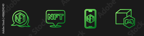 Set line Mobile with art store app, NFT Digital crypto, and . Gradient color icons. Vector
