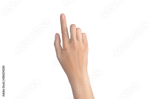 Woman's hand with outstretched index finger. Indicates, pokes, smears, touches. Isolated on white or transparent png background close up