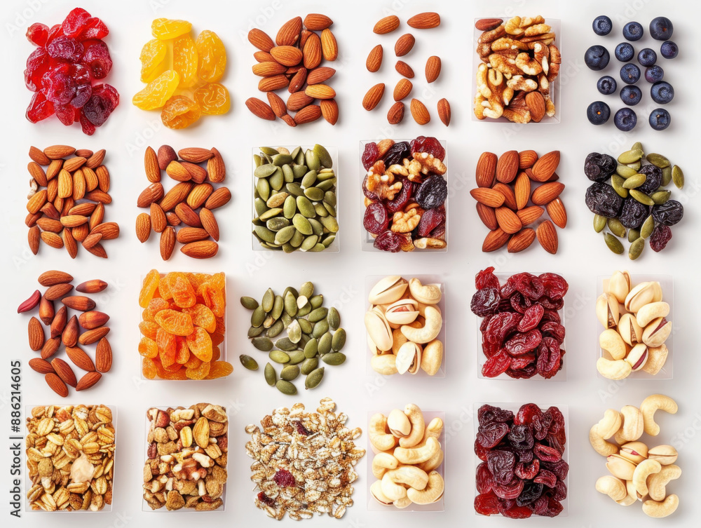 Assorted nuts, dried fruits, and seeds arranged in a grid pattern on a white background Assorted nuts, dried fruits, and seeds arranged in a grid pattern on a white background