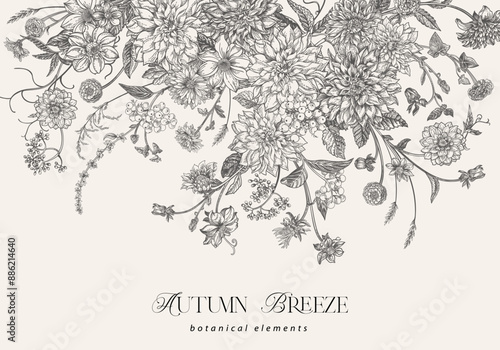 Card with summer and autumn flowers. Dahlias, zinnias, asters, dogwood berries, maiden vine. Floral horizontal border. Vintage style. Black and white