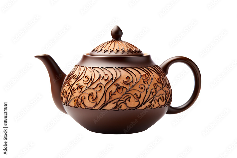 Intricately Carved Brown Teapot With Floral Design on a White or Clear Surface PNG Transparent Background. Intricately Carved Brown Teapot With Floral Design on a White or Clear Surface PNG Transparent Background.