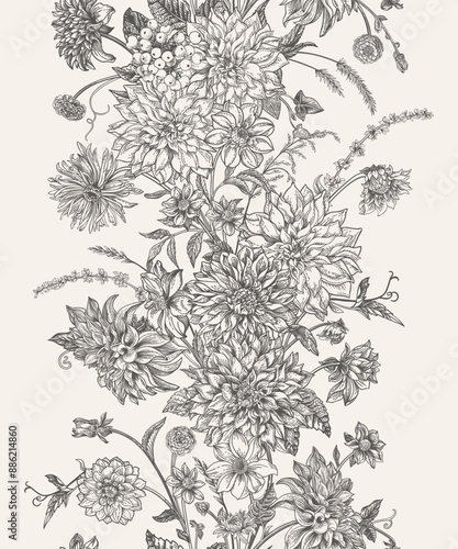 Floral border. Vertical seamless pattern with autumn flowers, herbs and berries. Vector botanical illustration. Black and white
