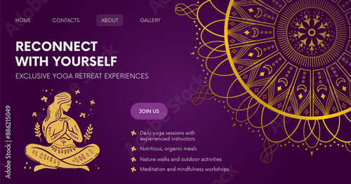 Yoga retreat header for website with meditative figure of woman and mandala.