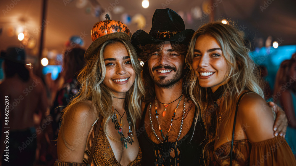 Fototapeta premium Friends at a party, Halloween costumes, indoor celebration