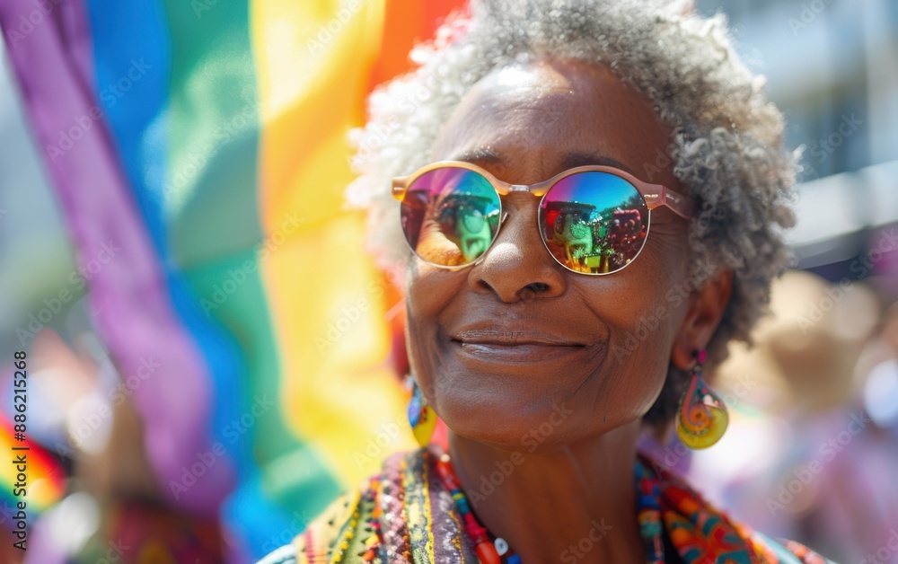 A smiling senior woman with grey hair and a beard is wearing sunglasses and a colorful shirt while standing near a rainbow pride flag A smiling senior woman with grey hair and a beard is wearing sunglasses and a colorful shirt while standing near a rainbow pride flag