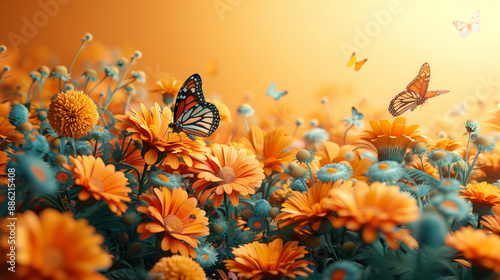 Beautiful colorful spring flowers with butterflies on vibrant yellow background