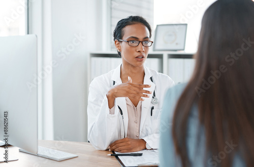 Hospital, discussion and doctor with patient for consulting, medical service and diagnosis in clinic. Healthcare, wellness and person with woman with file for checklist, results and heath insurance