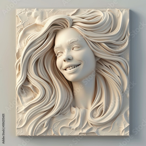 3D bas-relief of a beautiful girl close-up in beige and vanilla tones. A resource for creativity, interior decor for exhibition halls, print for clothes, printing in catalogs.