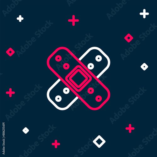 Line Crossed bandage plaster icon isolated on blue background. Medical plaster, adhesive bandage, flexible fabric bandage. Colorful outline concept. Vector