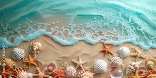 3D wallpaper, shells and starfish on the beach with waves and sand, colorful in nature style.