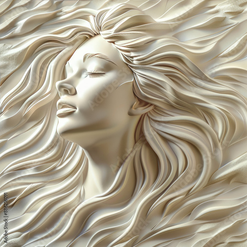 3D bas-relief of a beautiful girl close-up in beige and vanilla tones. A resource for creativity, interior decor for exhibition halls, print for clothes, printing in catalogs.