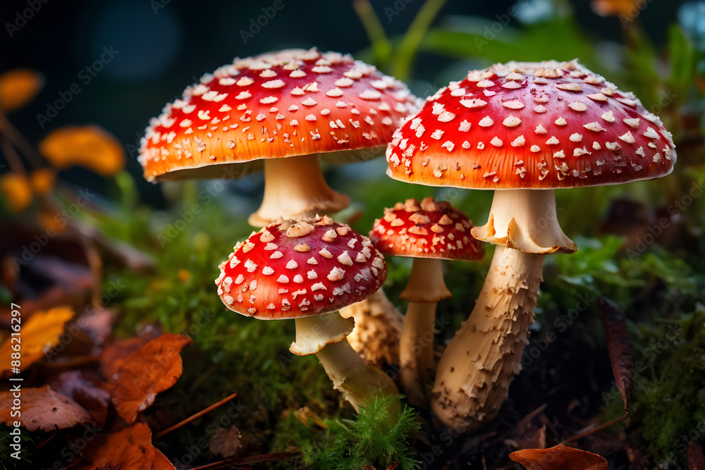 A cluster of magical-looking Amanita on forest bed A cluster of magical-looking Amanita on forest bed