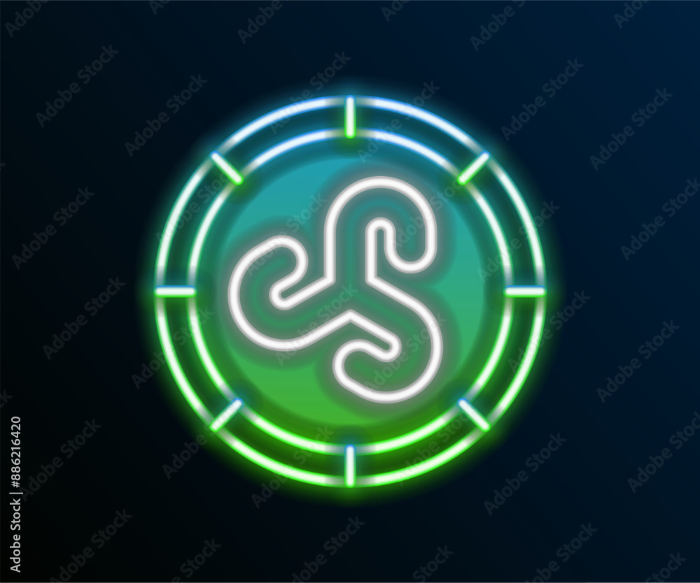 Obraz premium Glowing neon line Shield viking icon isolated on black background. Round wooden shield. Security, safety, protection, privacy, guard concept. Colorful outline concept. Vector